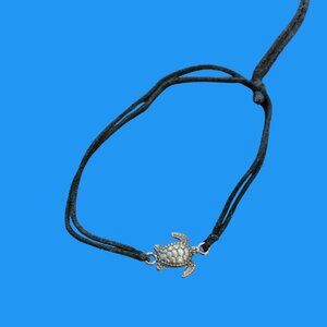 Silver Sea Turtle Black Corded Bracelet